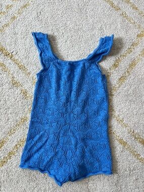 Zara Bright Blue Knit Ruffle-Strap Tank Romper